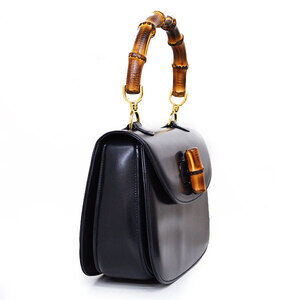 Gucci Navy Handbag Bamboo Leather Top Calf Handle Bag Blue